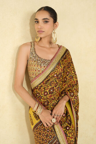 Kasano Ajrakh Hand-block Printed Silk Saree - Mustard, Mustard, image 4